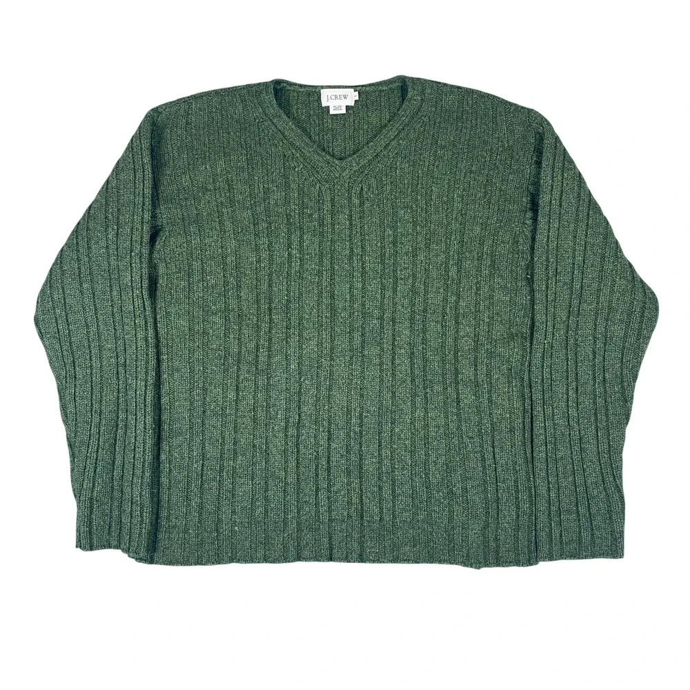 J. Crew V-Neck Sweater Mens Large Green Wool Ribbed Knit Long Sleeve Pullover